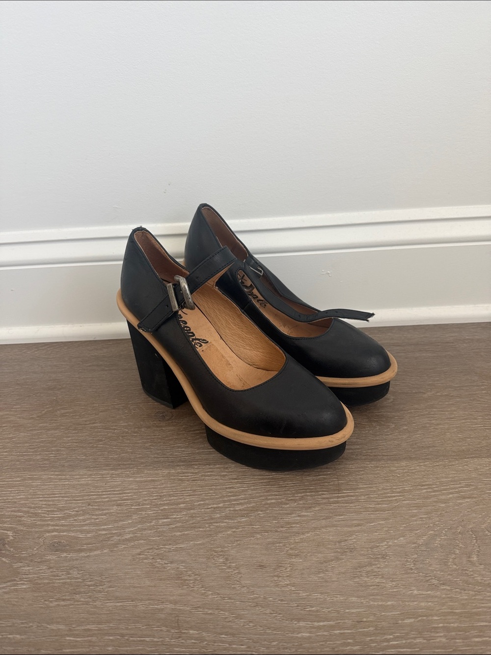 Free People Black Mary Jane Platform Heels with Tan Trim